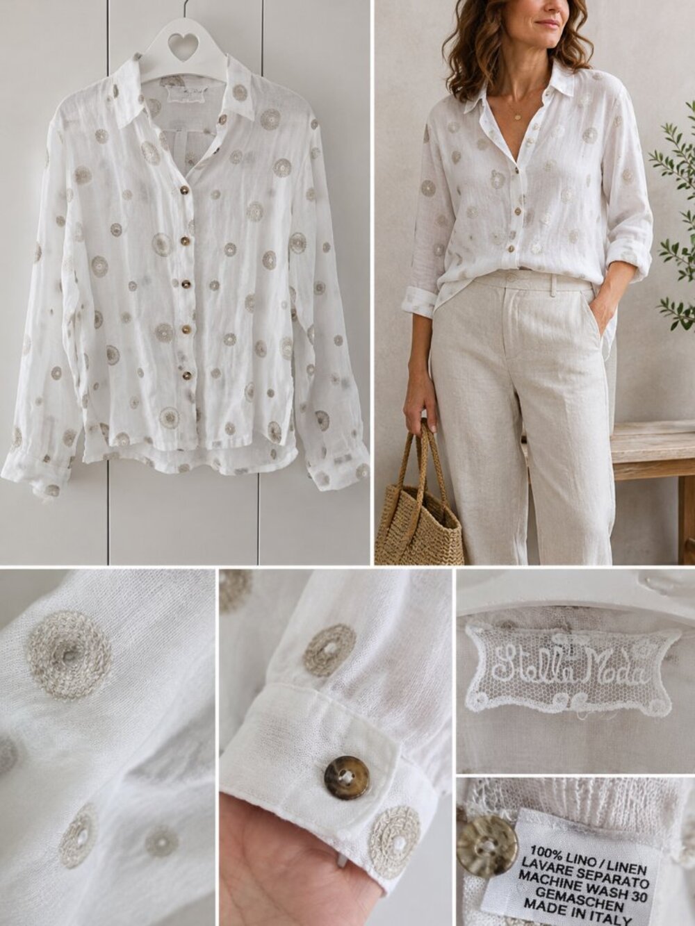 Stella Moda 100% Linen Embroidered Button Front Blouse Made in Italy Size M
